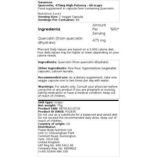 Swanson - Quercetin, 475 mg hochdosiert - 60 Kapseln – Bild 2