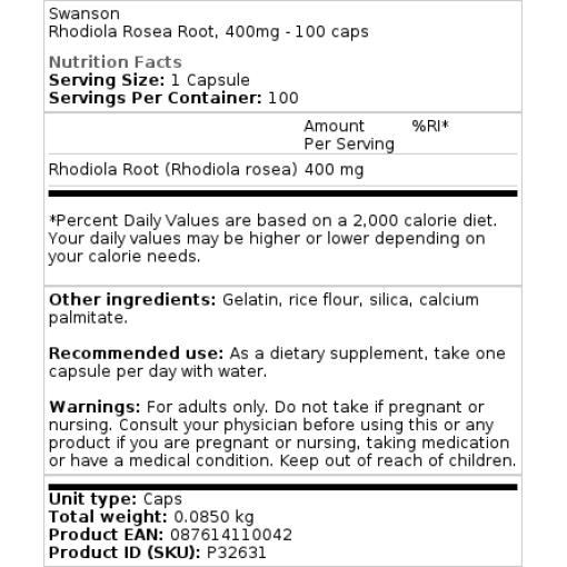 Swanson - Rhodiola-Rosea-Wurzel, 400 mg - 100 Kapseln – Bild 2