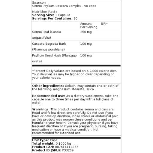 Swanson - Senna-Psyllium-Cascara-Komplex - 90 Kapseln – Bild 2