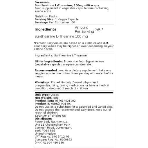 Swanson - Suntheanine L-Theanin, 100 mg - 60 vegetarische Kapseln – Bild 2