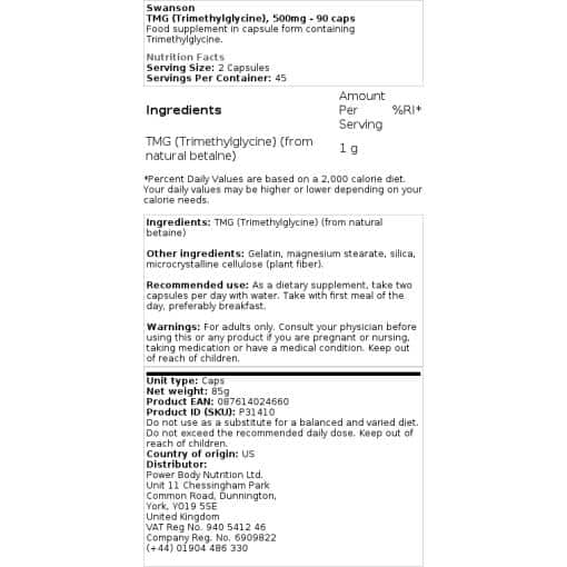 Swanson - TMG (Trimethylglycin), 500 mg - 90 Kapseln – Bild 2