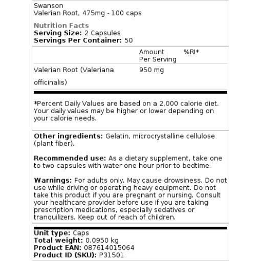 Swanson - Baldrianwurzel, 475 mg - 100 Kapseln – Bild 2