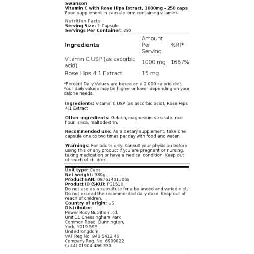 Swanson - Vitamin C mit Hagebuttenextrakt, 1000 mg - 250 Kapseln – Bild 2