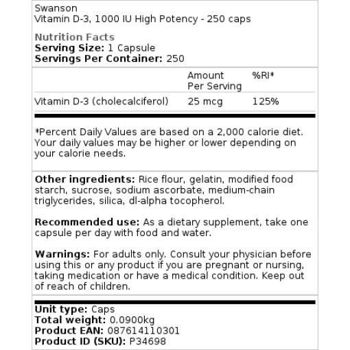 Swanson - Vitamin D3, 1000 IE - 250 Kapseln – Bild 3