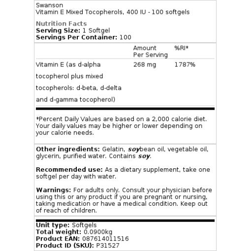 Swanson - Vitamin E Gemischte Tocopherole, 400 IE - 100 Weichkapseln – Bild 2