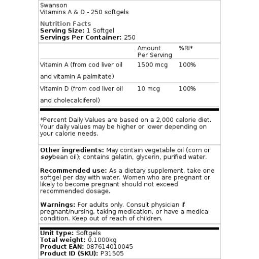 Swanson - Vitamin A und D - 250 Weichkapseln – Bild 2