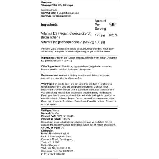 Swanson - Vitamin D3 & K2 - 60 vegetarische Kapseln – Bild 2