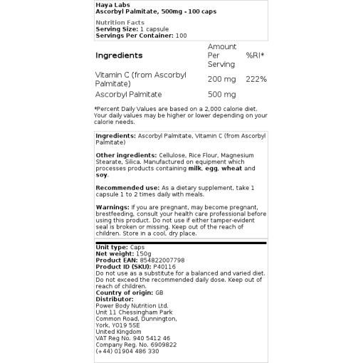 Haya Labs - Ascorbylpalmitat, 500 mg - 100 Kapseln – Bild 2