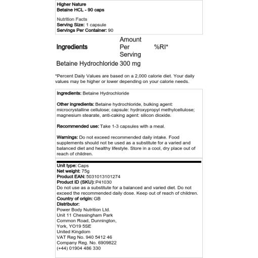 Higher Nature - Betain HCl - 90 Kapseln – Bild 2