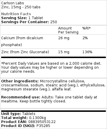 Carlson Labs - Zink, 15 mg - 250 Tabletten – Bild 2
