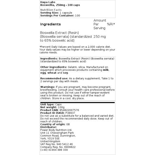 Haya Labs - Boswellia, 250 mg - 100 Kapseln – Bild 2