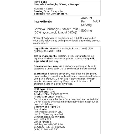 Haya Labs - Garcinia Cambogia, 500 mg - 90 Kapseln – Bild 2