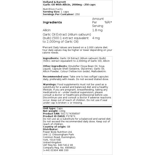 Holland & Barrett - Knoblauchöl mit Allicin, 2000 mg - 250 Kapseln – Bild 2