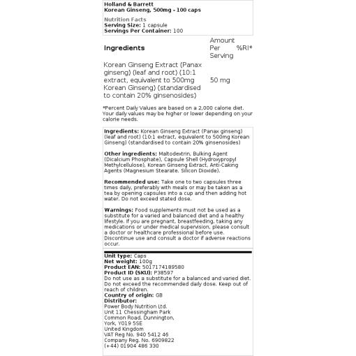 Holland & Barrett - Koreanischer Ginseng, 500 mg - 100 Kapseln – Bild 2