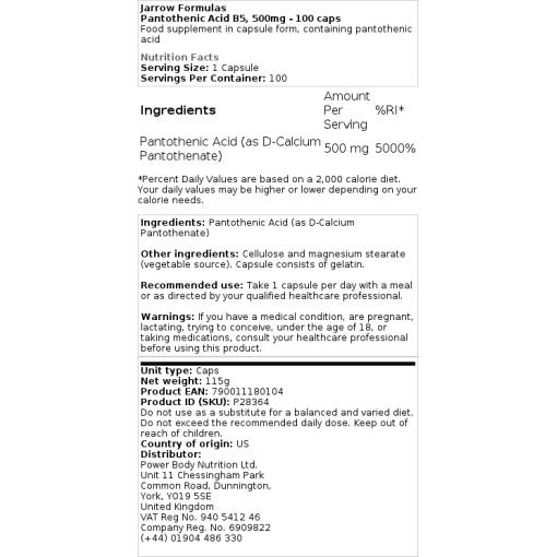 Jarrow Formulas - Pantothensäure B5, 500 mg - 100 Kapseln – Bild 2