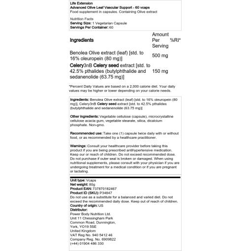 Life Extension - Fortgeschrittene Unterstützung der Gefäße durch Olivenblattextrakt - 60 Kapseln – Bild 2