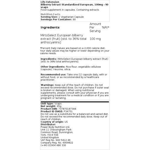 Life Extension - Standardisierter europäischer Blaubeerextrakt, 100mg - 90 Kapseln – Bild 2