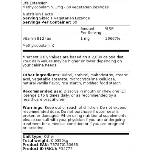 Life Extension - Methylcobalamin, 1 mg - 60 vegetarische Lutschtabletten – Bild 2