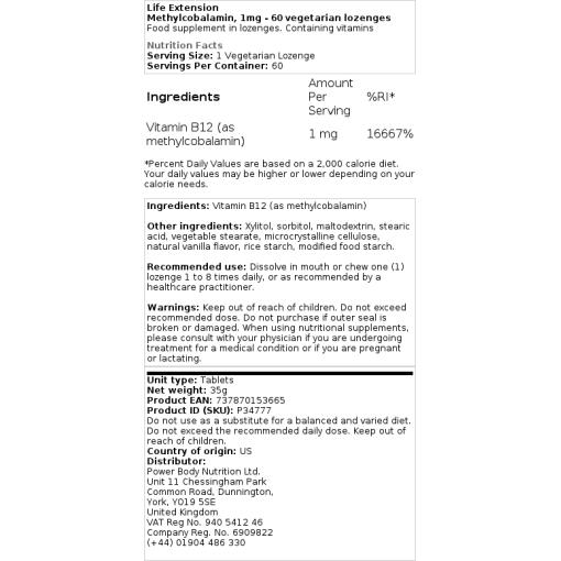 Life Extension - Methylcobalamin, 5 mg - 60 vegetarische Lutschtabletten – Bild 2