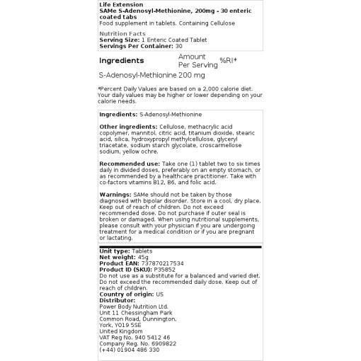 Life Extension - SAMe S-Adenosylmethionin, 200 mg - 30 magensaftresistente Tabletten – Bild 2