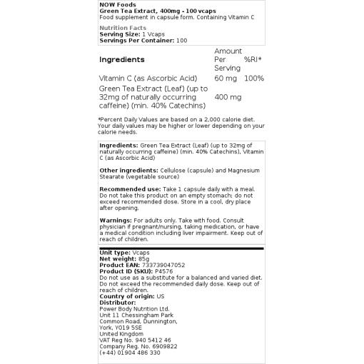 NOW Foods - Grüner Tee Extrakt, 400 mg - 250 Kapseln – Bild 2