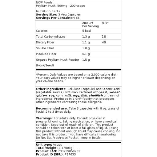 NOW Foods - Psylliumschalen 500 mg - 200 Kapseln – Bild 3