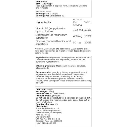 Primaforce - ZMA - 180 vegetarische Kapseln – Bild 2