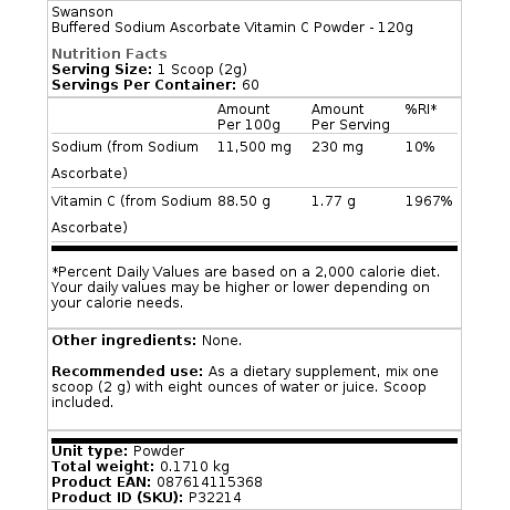 Swanson - Vitamin C-Pulver mit Natriumascorbat - 120g – Bild 2
