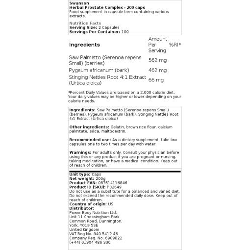 Swanson - Urte Prostata-Komplex - 200 Kapseln – Bild 2