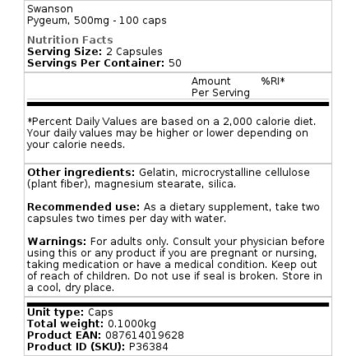 Swanson - Pygeum, standardisierter Extrakt - 100 Kapseln – Bild 2