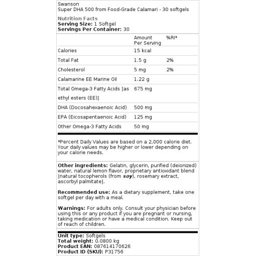Swanson - Super DHA 500 aus Lebensmittelqualität Tintenfisch - 30 Weichkapseln – Bild 2