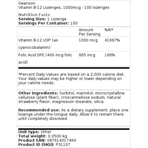 Swanson - Vitamin B12, 1000 mcg - 100 Lutschtabletten – Bild 3