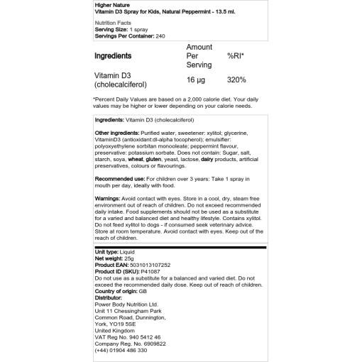 Higher Nature - Vitamin D3 Spray für Kinder, natürliche Pfefferminze - 13,5 ml – Bild 2