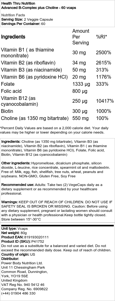 Health Thru Nutrition - Fortgeschrittener B-Komplex plus Cholin - 60 Kapseln – Bild 2