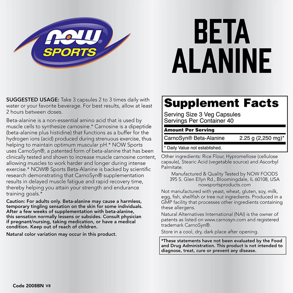 NOW Foods - Beta-Alanin, 750 mg (Kapseln) - 120 Kapseln – Bild 4