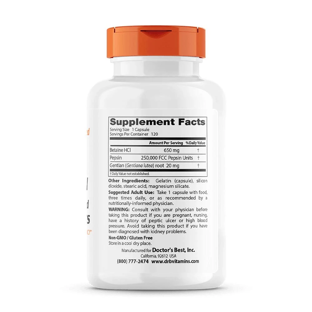 Doctor's Best - Betain HCl, Pepsin & Enzianbitter - 120 Kapseln – Bild 2