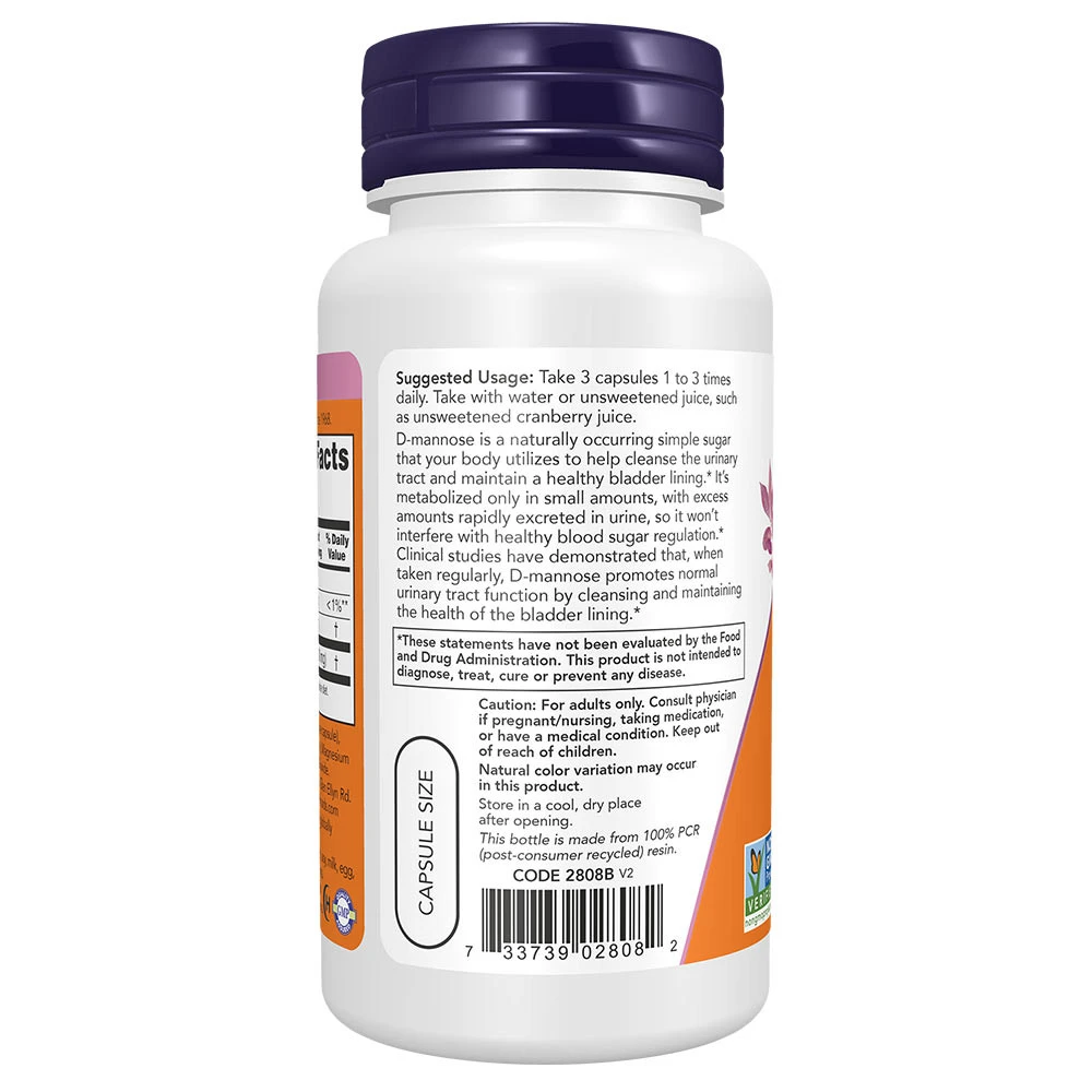 NOW Foods - D-Mannose, 500 mg - 60 pflanzliche Kapseln – Bild 3