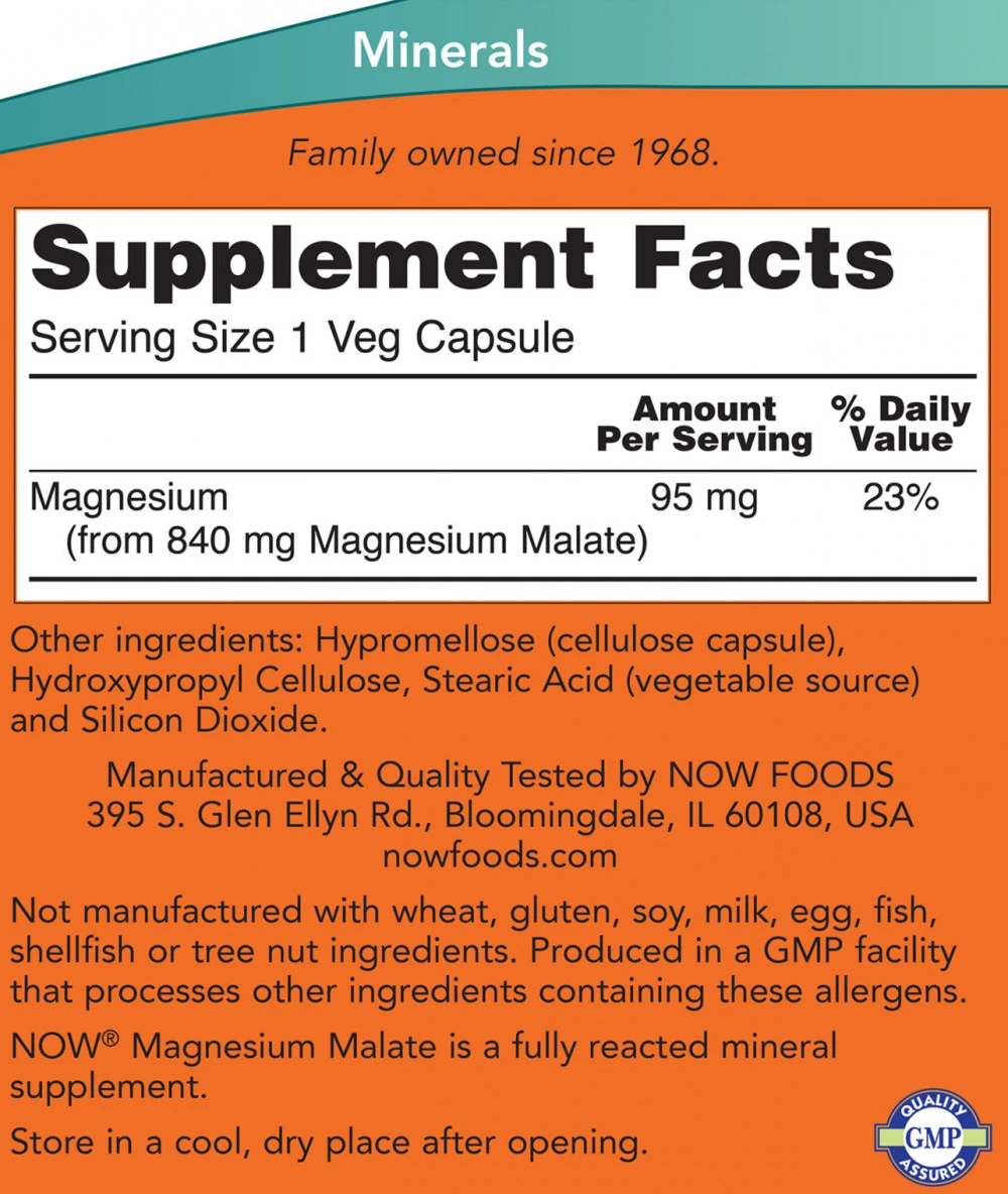 NOW Foods - Magnesiummalat-Kapseln, 180 Stück – Bild 2