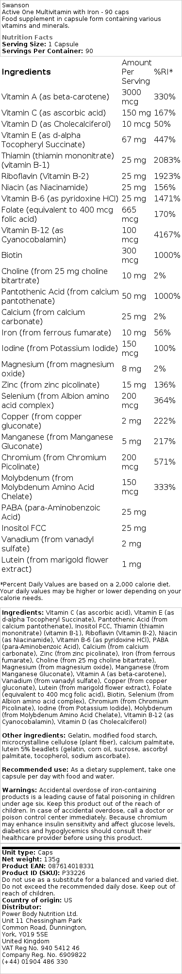 Swanson - Multivitamin mit Eisen - 90 Kapseln – Bild 2