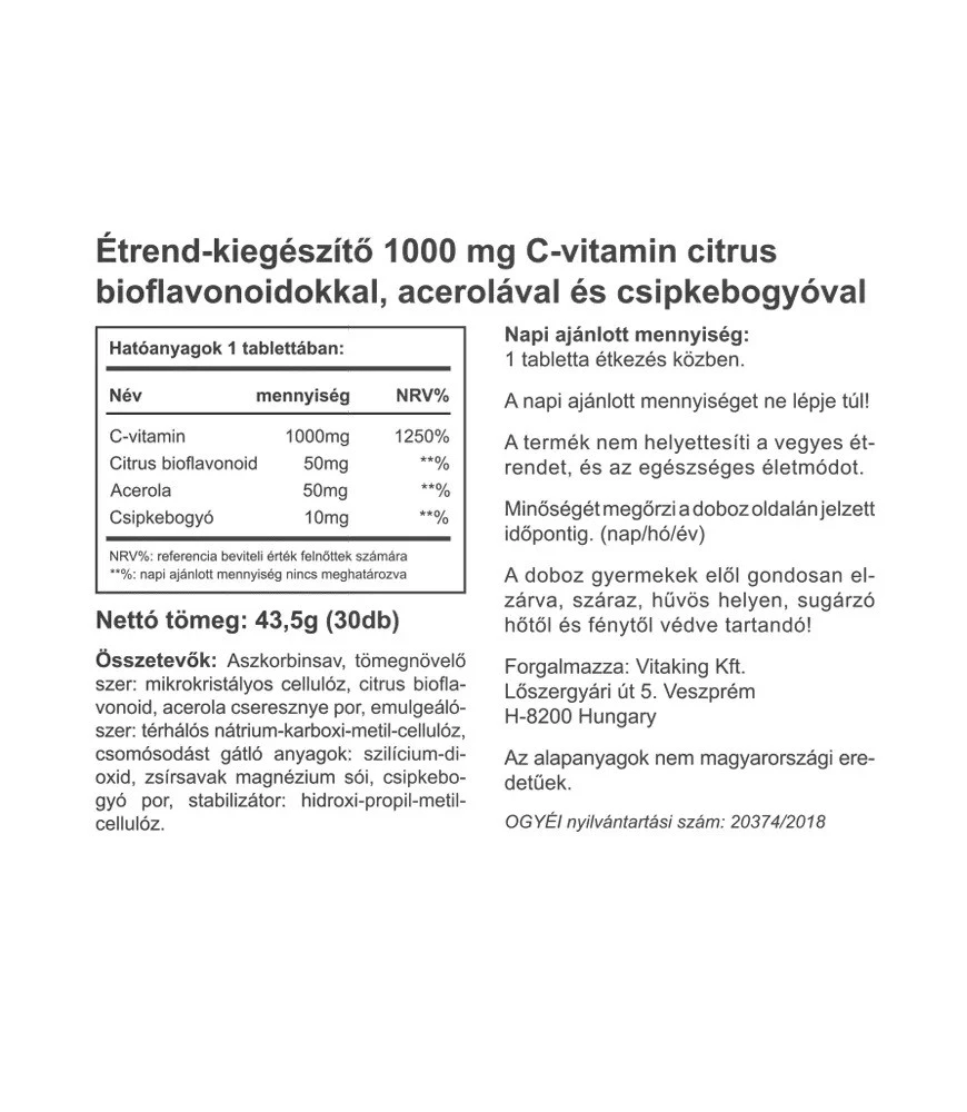Vitaking - Vitamin C 1000 mg mit 50 mg Zitrus-Bioflavonoiden und Acerola (30 Tabletten) – Bild 2