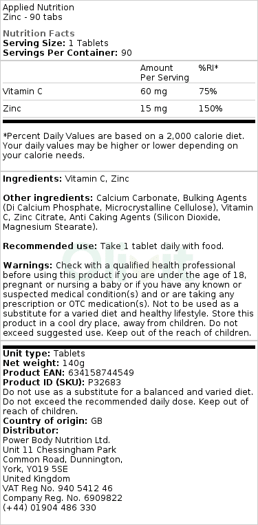 Applied Nutrition - Zink - 90 Tabletten – Bild 2